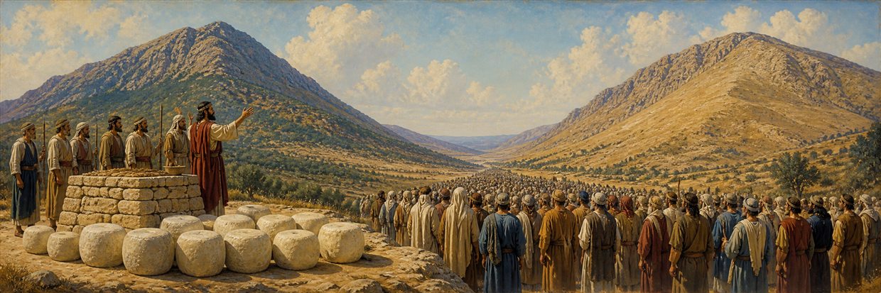 Israelites gathered between two mountains beside plastered stones and a natural-stone altar