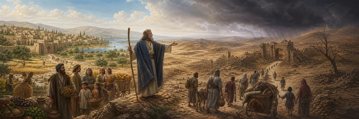 Moses standing between a flourishing town and a barren road of exile under dark clouds