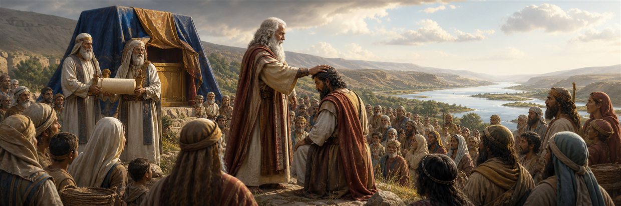 Moses commissioning Joshua before Israel while priests hold an unmarked scroll beside the ark