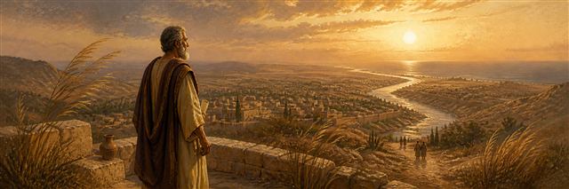 The Preacher overlooking an ancient city, winding river, and setting sun