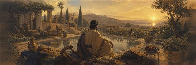 A contemplative ruler overlooking gardens, a reflecting pool, and abundant possessions