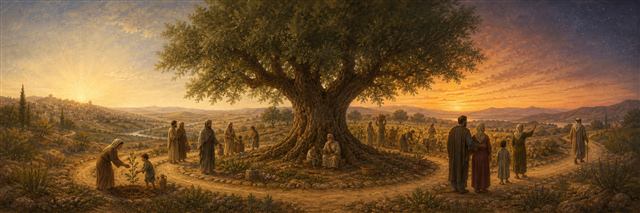 Generations gathered around a great tree beneath changing light from dawn to evening