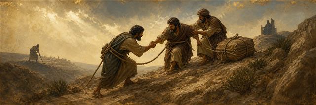 Three travelers helping one another carry a burden up a steep rocky path