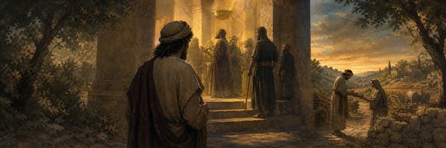 A humble worshiper approaching a sanctuary as a farmer receives an evening meal