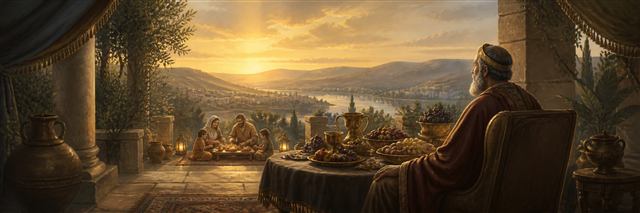 A prosperous elder unable to enjoy a rich table while a family shares a simple meal