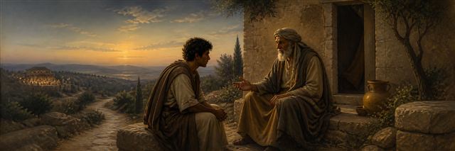 An elder counseling a younger listener quietly outside a house of mourning at dusk