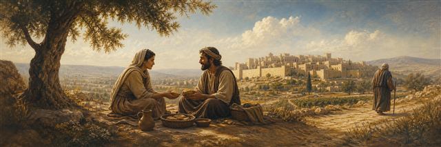 A couple sharing bread near a walled city as an overlooked wise man walks away