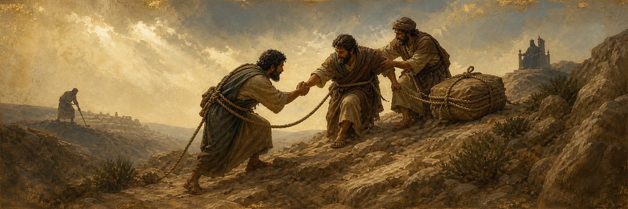 Three travelers helping one another carry a burden up a steep rocky path