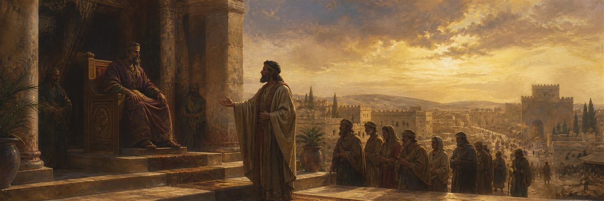 A wise counselor standing before a ruler as petitioners wait outside the palace