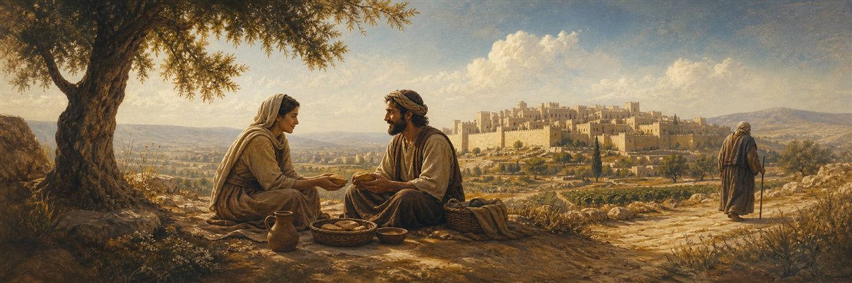 A couple sharing bread near a walled city as an overlooked wise man walks away