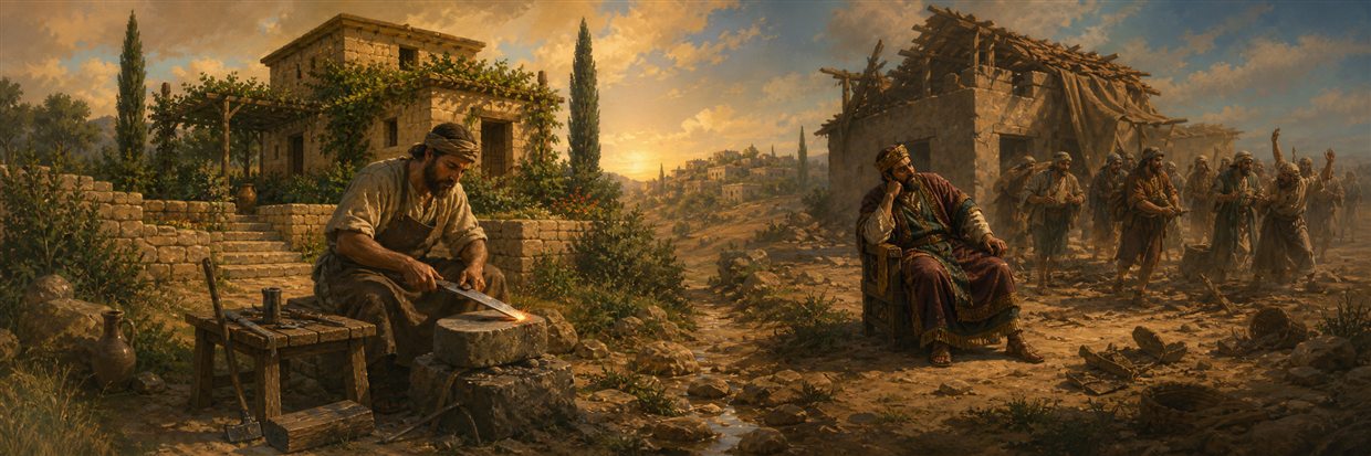 A skilled worker sharpening an iron tool beside a well-kept house and a neglected building