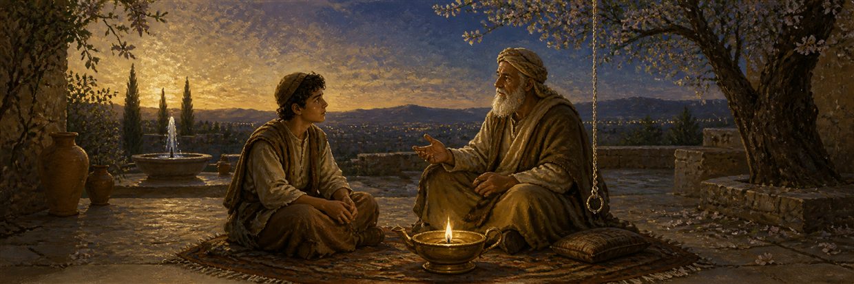 An elderly teacher and younger listener beside a lamp bowl, silver cord, and fountain at twilight