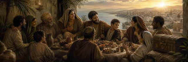 A diverse first-century household gathered around a generous table beside an inheritance chest at sunrise