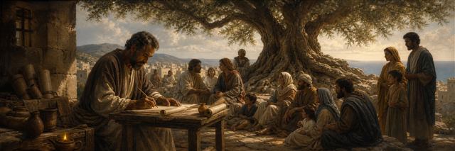 Paul writing beside an open doorway as diverse families gather under the roots and branches of an ancient tree