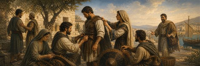 A peaceful community helping one another fasten protective gear while a messenger approaches from the harbor