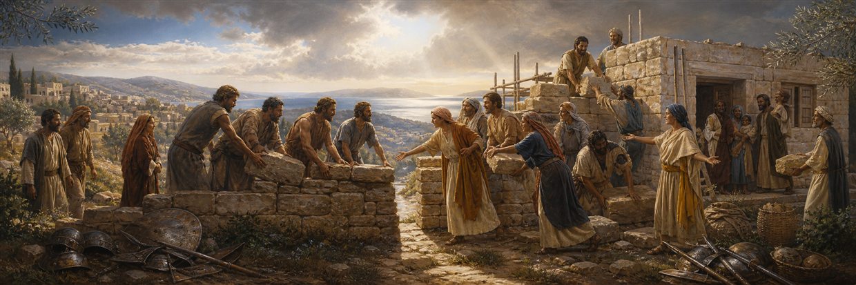 Two groups removing a stone barrier and working together on a welcoming hillside home