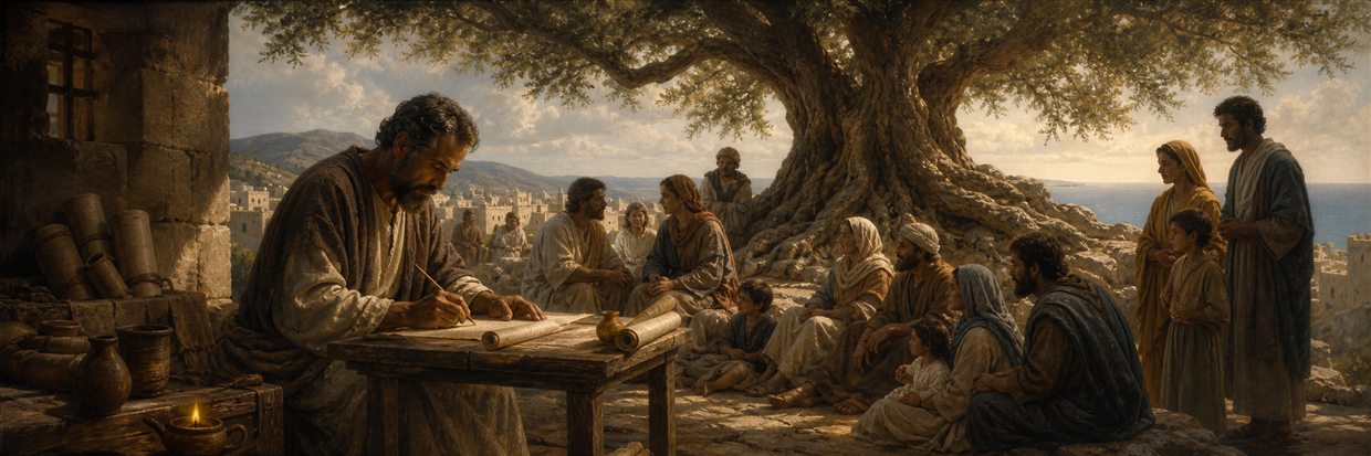 Paul writing beside an open doorway as diverse families gather under the roots and branches of an ancient tree