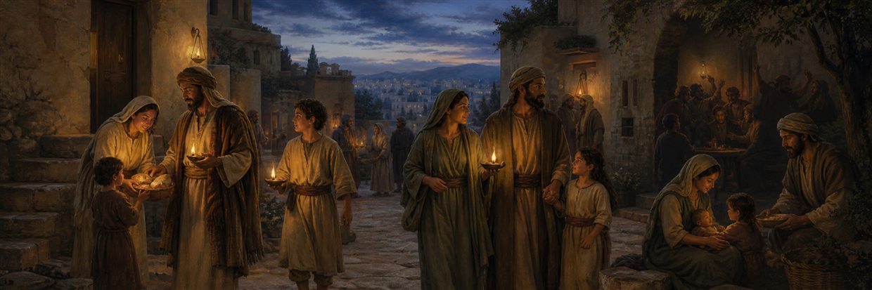 First-century neighbors carrying lamps, sharing bread, and caring for families along a twilight street