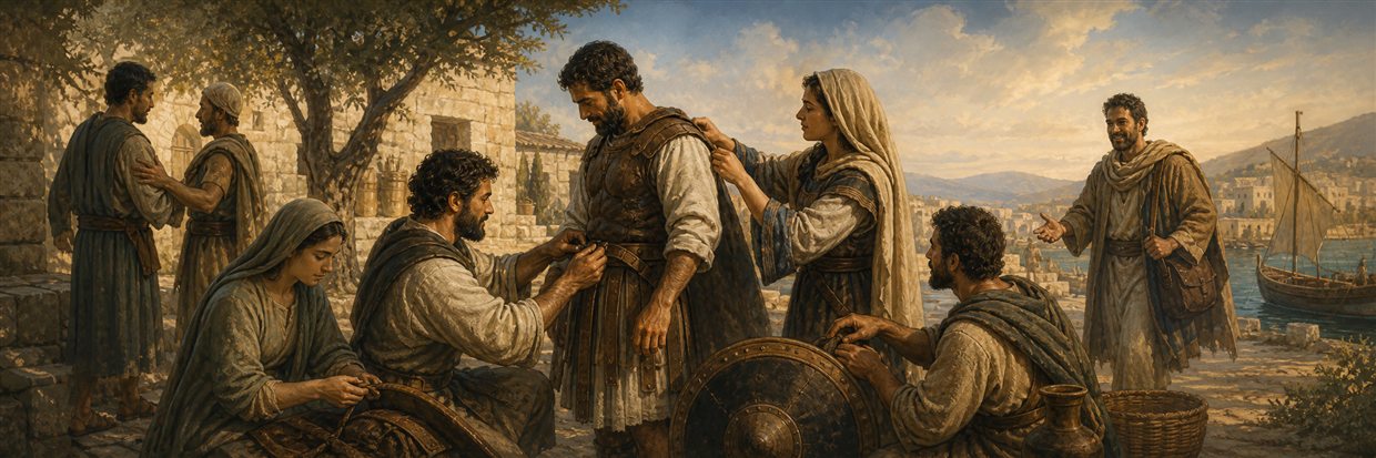 A peaceful community helping one another fasten protective gear while a messenger approaches from the harbor