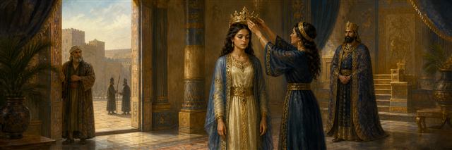 Esther receiving the royal crown while Mordecai watches from the palace gate