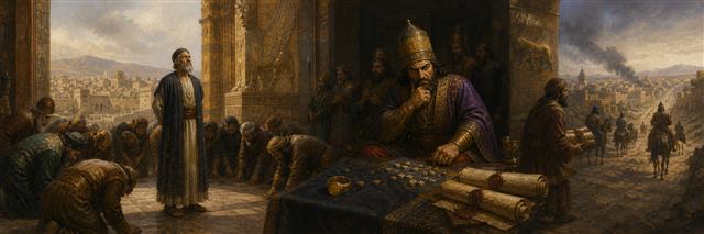 Mordecai standing at the palace gate as Haman casts lots beside sealed decrees