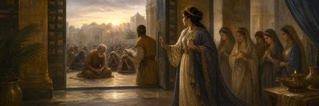 Esther preparing to enter the inner court as Mordecai and the community fast beyond the gate