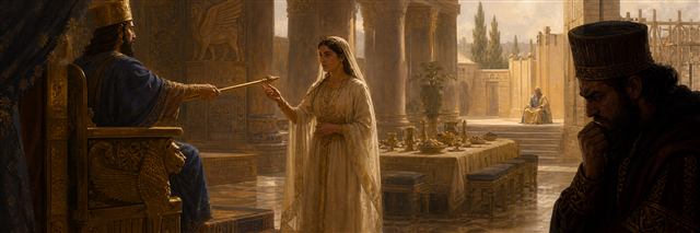 Esther touching the king’s extended golden sceptre beside a prepared banquet