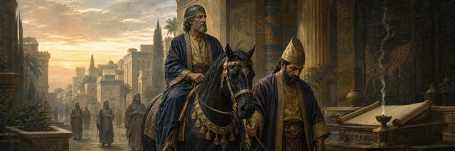 Haman leading Mordecai on the royal horse past an open blank chronicle