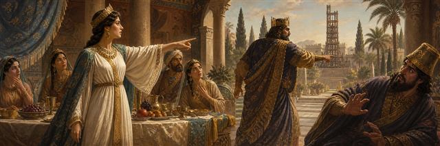 Esther identifying Haman at the banquet while the king rises in anger
