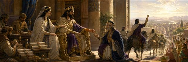 Mordecai receiving the royal signet ring as mounted couriers depart with sealed decrees