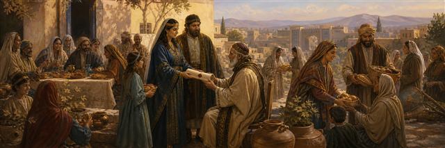 Families sharing festive food and gifts with neighbors as a sealed Purim letter is received