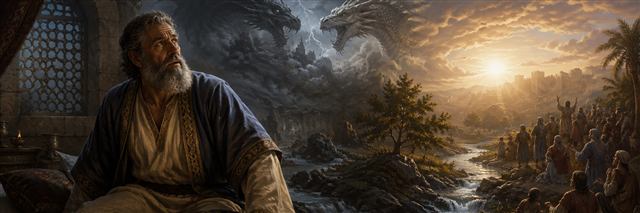 Mordecai awakens from a dream of two battling dragons as a small stream grows toward a sunlit gathering