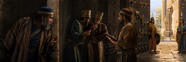 Mordecai overhears two palace gatekeepers conspiring while an official records his warning
