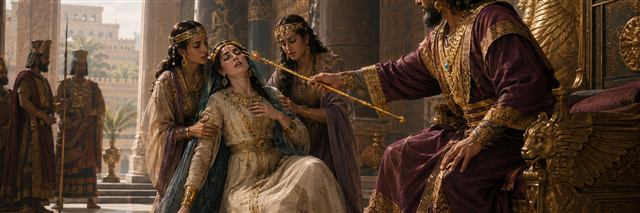 The Persian king extends his golden sceptre toward Esther as her attendants support her before the throne