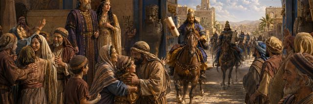 Royal couriers ride from Susa with the reversal decree as Jewish families welcome news of deliverance