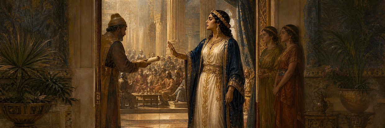 Queen Vashti calmly refusing a royal messenger at the banquet hall threshold