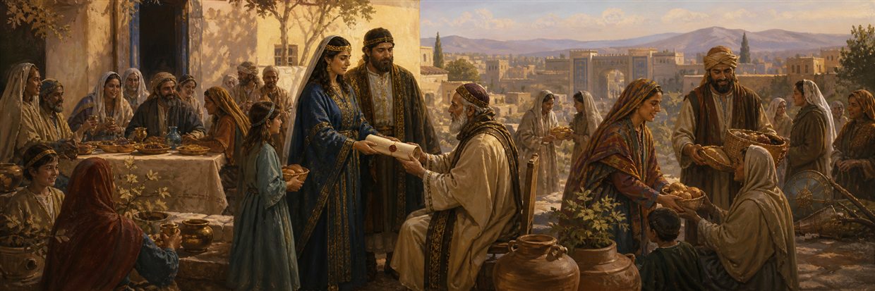 Families sharing festive food and gifts with neighbors as a sealed Purim letter is received