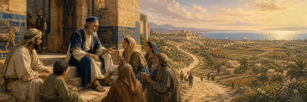 Mordecai listening to families and elders at the palace gate above a flourishing landscape