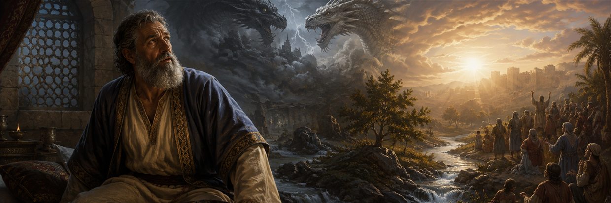 Mordecai awakens from a dream of two battling dragons as a small stream grows toward a sunlit gathering