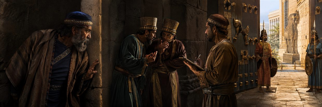 Mordecai overhears two palace gatekeepers conspiring while an official records his warning