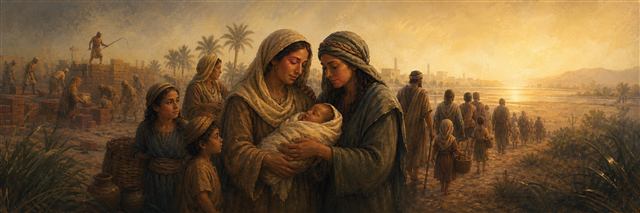 Shiphrah and Puah sheltering a newborn as Israel's families endure forced brick labor