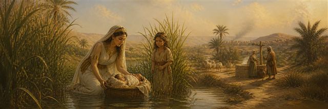 Pharaoh's daughter finding the infant Moses among the Nile reeds as Miriam watches