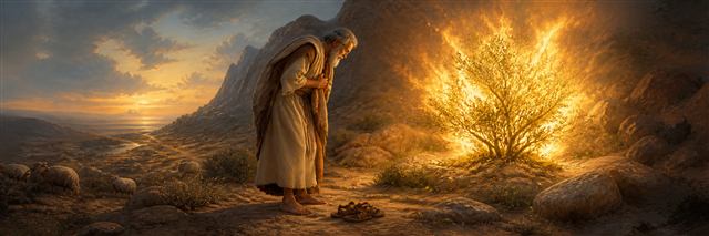 Moses standing barefoot before the burning bush on holy ground at Horeb
