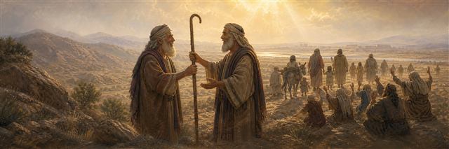 Moses and Aaron reuniting in the wilderness with the staff as Israel's elders worship
