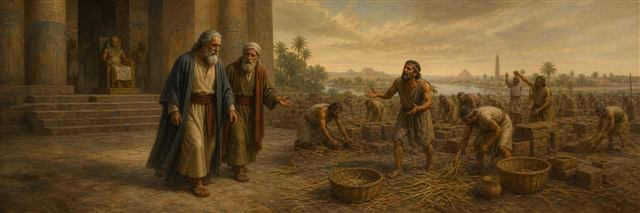 Moses and Aaron facing grieving brick workers after Pharaoh withholds their straw