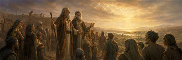 Moses and Aaron speaking covenant hope among weary Israelite families in bondage
