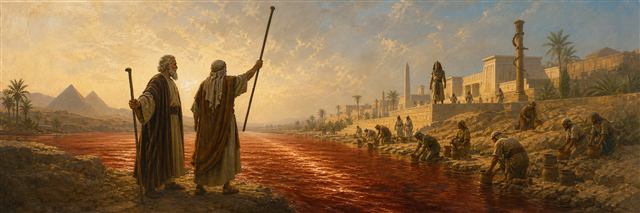 Moses and Aaron confronting Pharaoh beside the Nile as its waters turn red