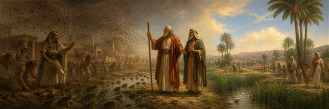 Moses and Aaron between plague-struck Egypt and the calm fields of Goshen