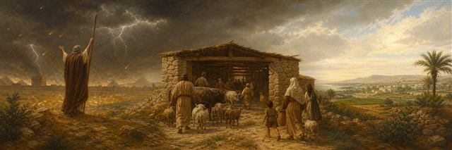 Moses raising his staff as warned families shelter from the hail and Goshen remains clear
