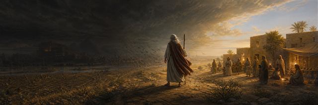 Moses standing between Egypt's darkness and the light of Israel's dwellings